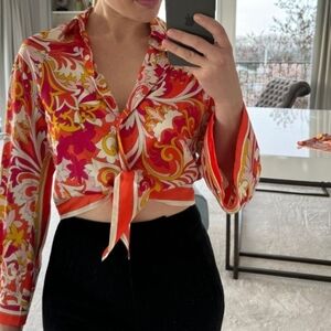 Women's ZARA Satin Blouse Size S Beige with Vibrant Orange, Pink & Yellow‎